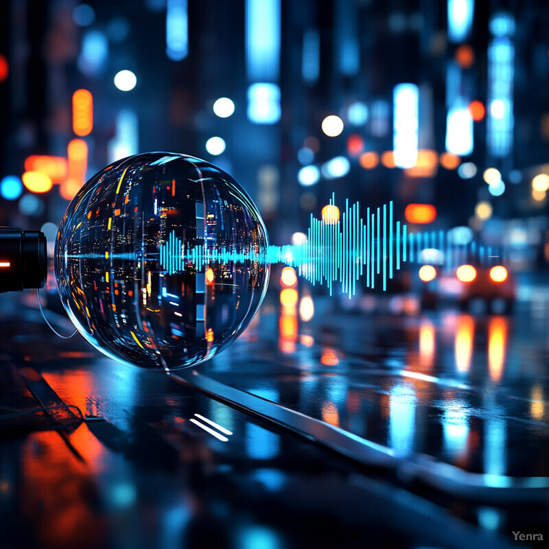 A city street at night with a large glass sphere emitting blue light waves.