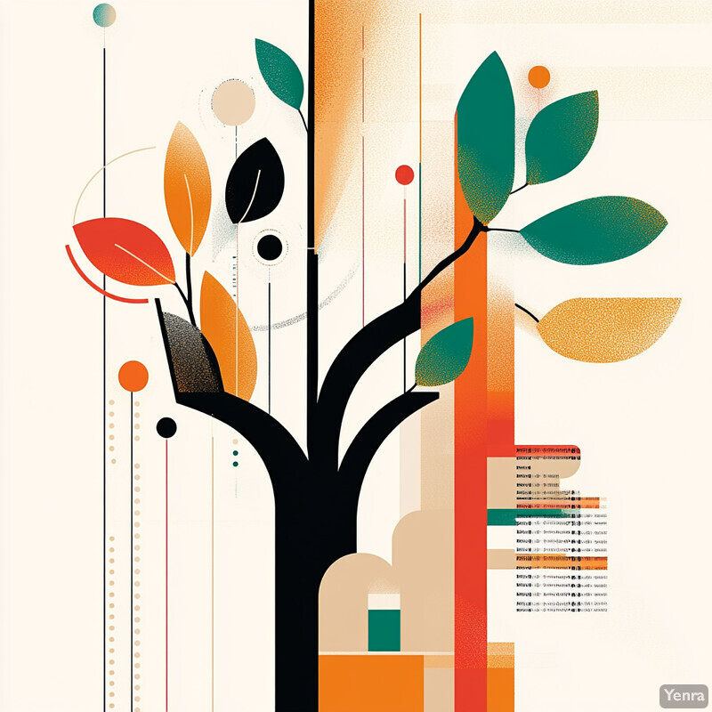 A stylized tree with abstract leaves and geometric shapes set against a white background.