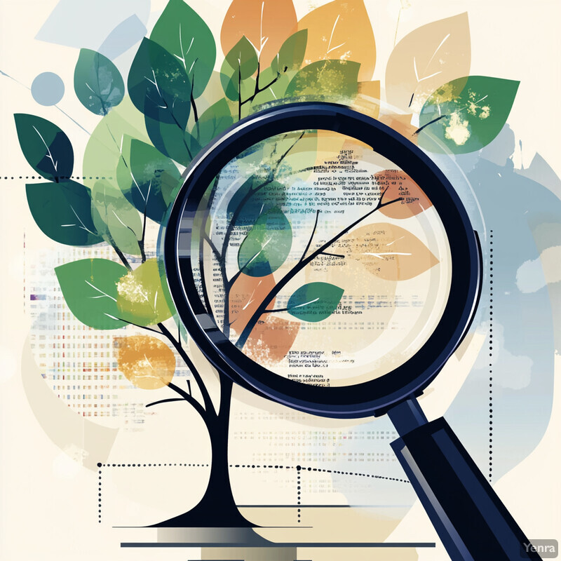 A magnifying glass is examining a tree with green and yellow leaves against a beige background with various shapes.