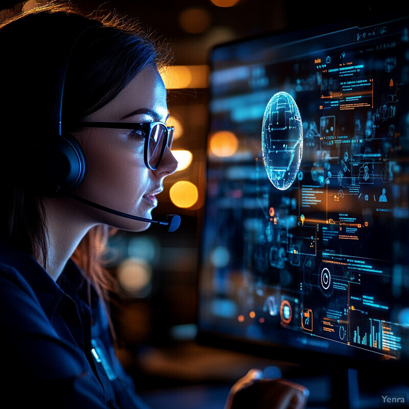 A woman wearing a headset is seated in front of a computer monitor displaying various graphics and text.