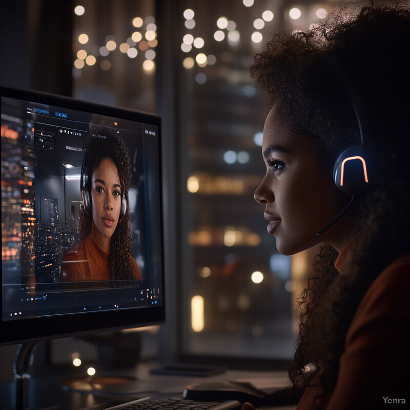 A woman sits in front of a computer monitor, likely participating in a virtual meeting or call.