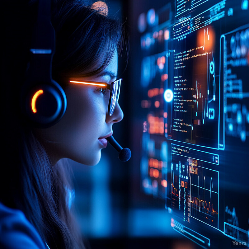 A woman is intently focused on a computer screen while wearing an orange headset.