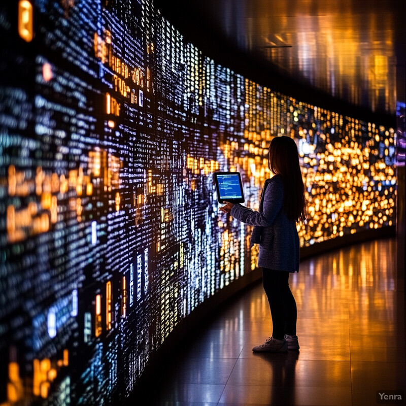 A young girl stands in front of a large screen displaying a cityscape at night, holding an iPad that shows the same content.