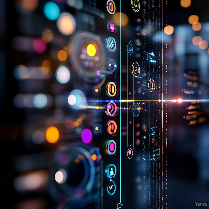 Abstract representation of data and technology with various symbols and icons.