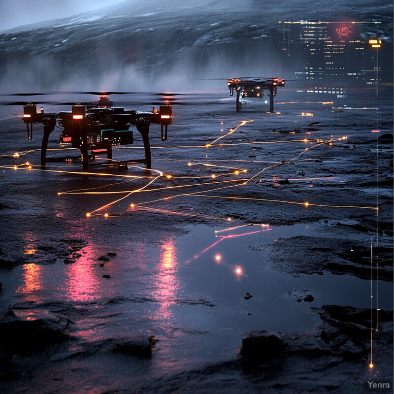 Autonomous drone network navigates a vast terrain.