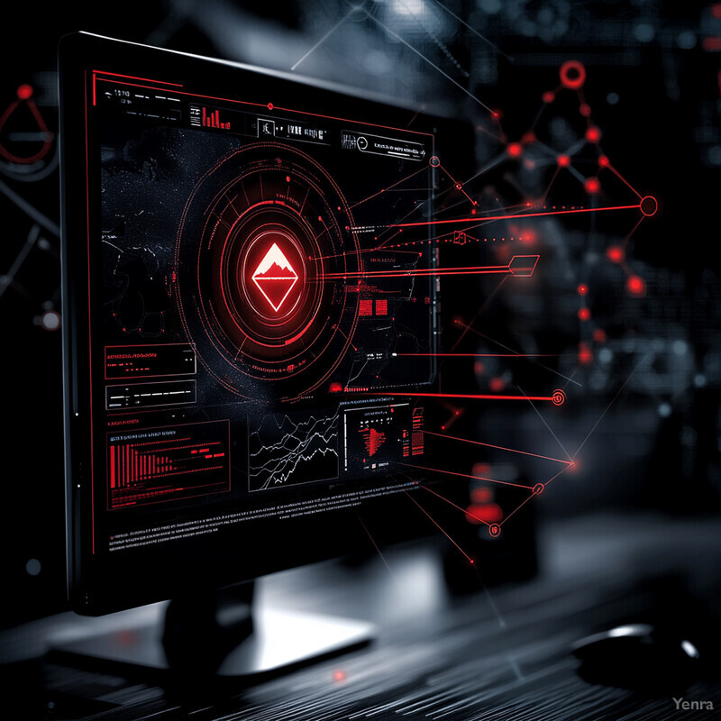 A computer monitor displays a complex network of data and information, with red lines and symbols suggesting security or surveillance systems.