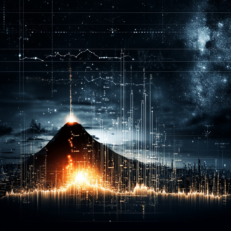 An abstract image depicting a mountain with an orange glow at its peak, set against a dark sky with a cityscape below.