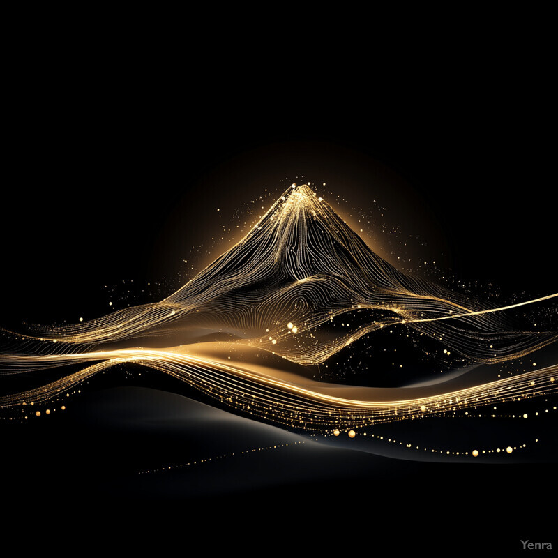 A digital artwork featuring a gold mountain peak with intricate circuitry-like patterns on a black background.