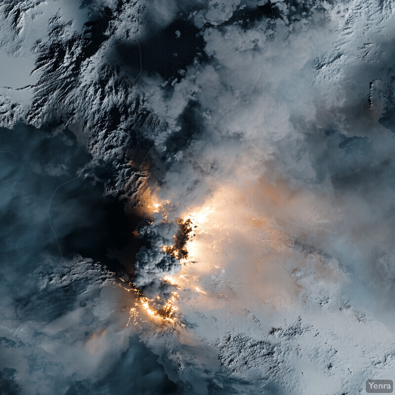 Aerial view of a volcanic eruption with a massive ash cloud and orange hues