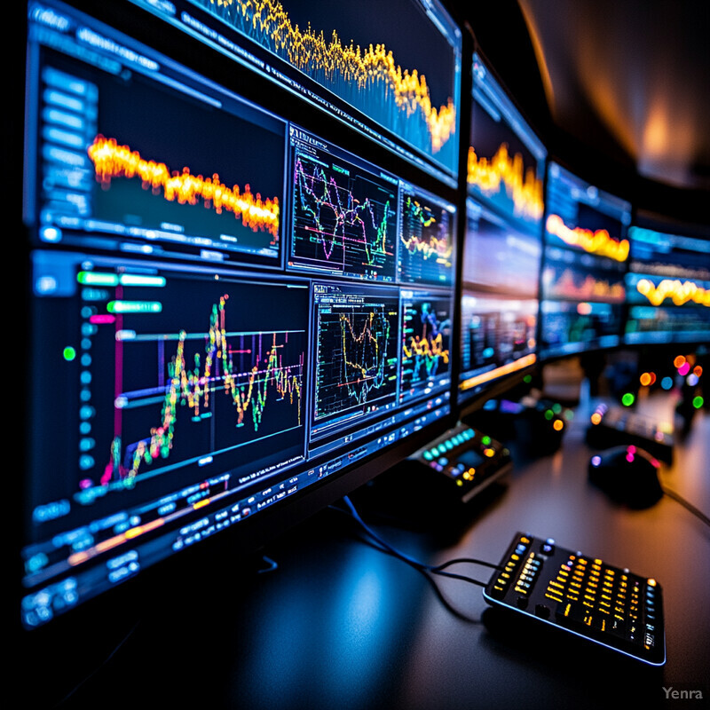 A room filled with computer monitors displaying graphs and charts, likely an office for data analysis.