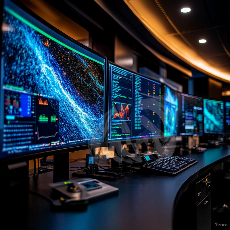 A room filled with computer monitors and keyboards displaying various graphs and charts.