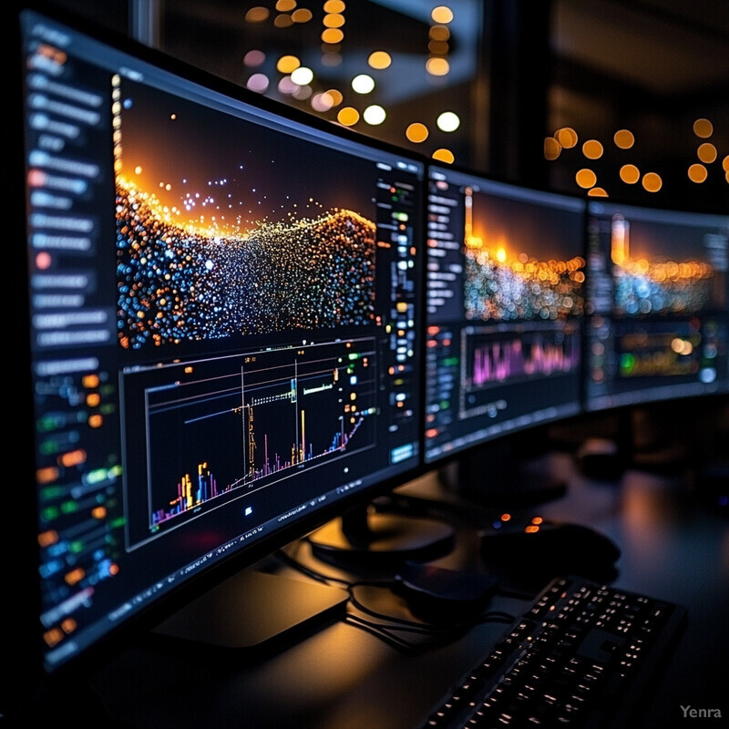 A room filled with computer screens displaying data analysis charts.