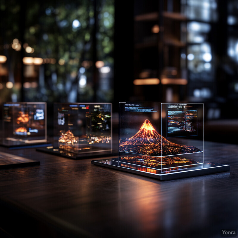 A futuristic display of 3D models in clear glass-like cubes on a wooden table.