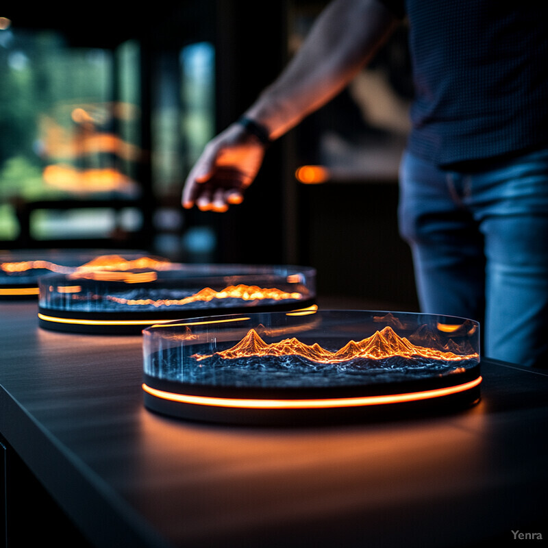 A person stands in front of several circular, glass-like objects with orange and blue hues, arranged on a table or desk.