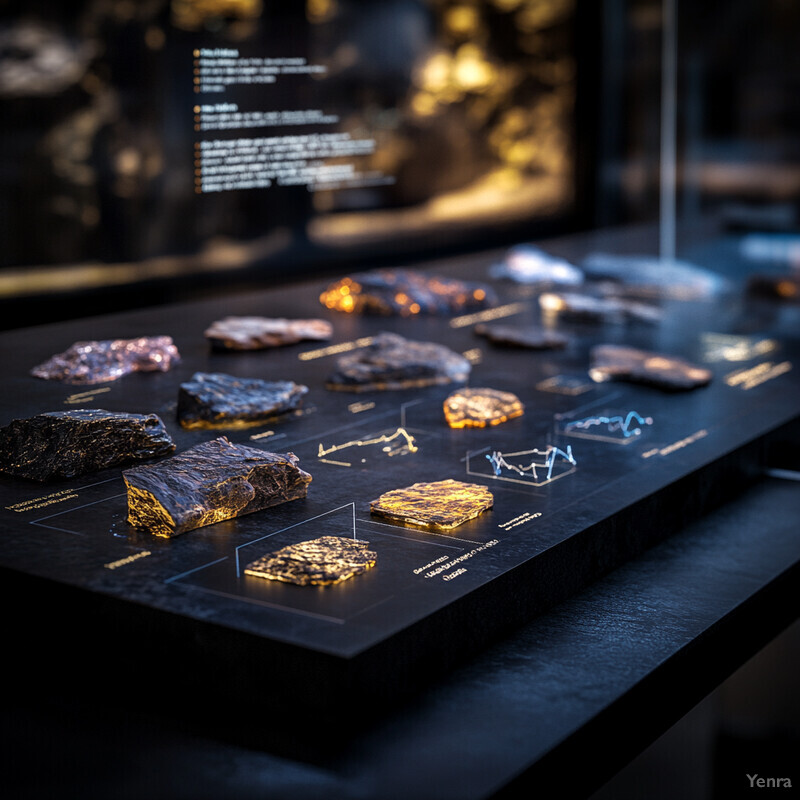 A collection of rocks and minerals on display in a museum setting, with interactive elements to learn more about each specimen.