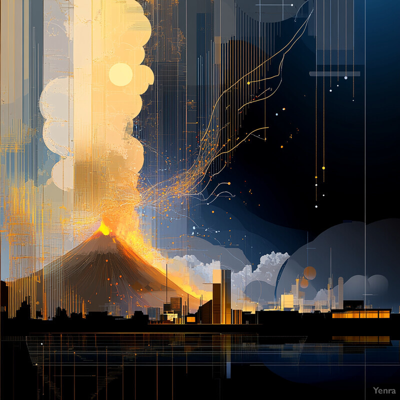 A digital artwork depicting a volcano erupting in an urban setting.