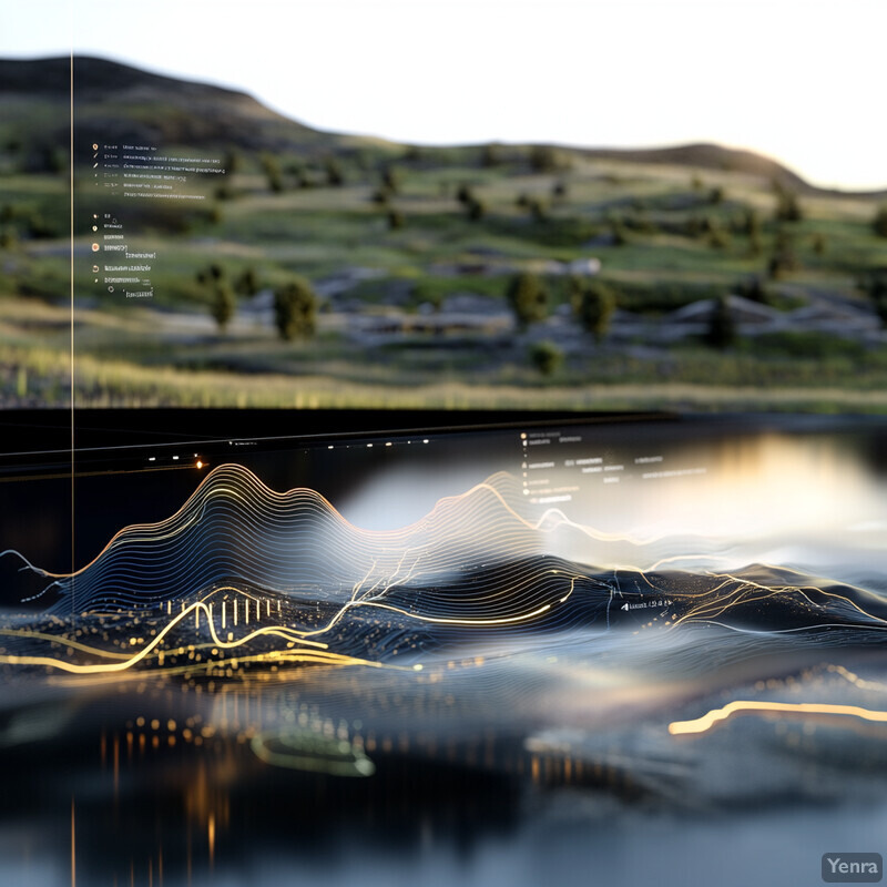 A landscape with rolling hills and mountains in the background, featuring a dark blue or black surface with yellow lines that resemble topographic maps or contour lines.