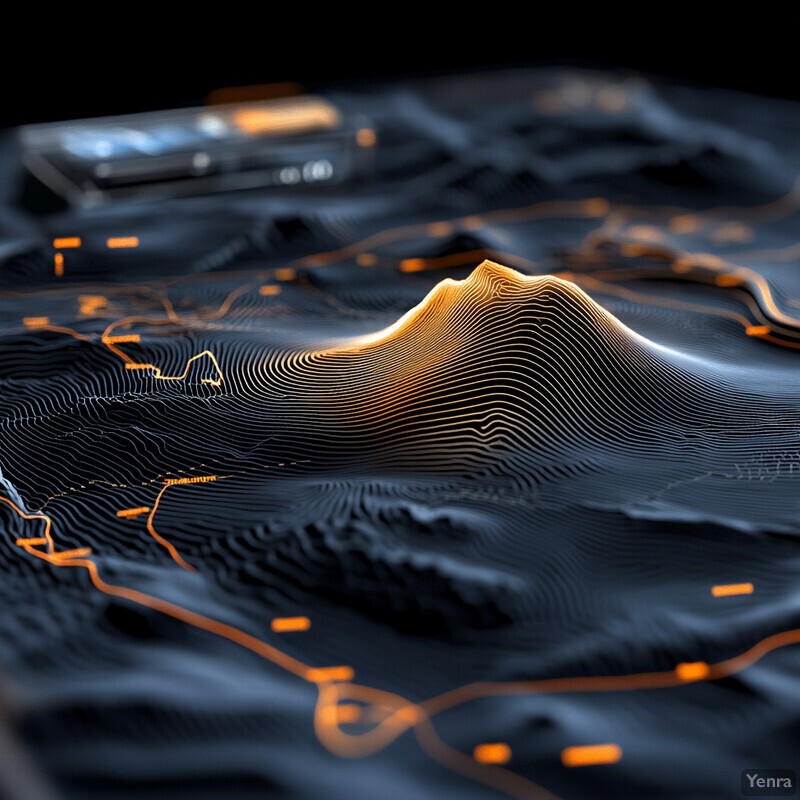 A 3D topographical map with a dark blue background, featuring orange lines and dots, a prominent mountain range, and various objects.