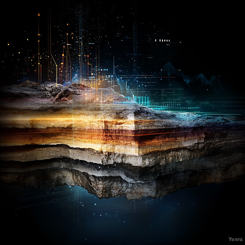 A 3D rendering of a rocky cliff face with layers of rock illuminated by a bright light source, set against a backdrop of digital data analysis or visualization tools.