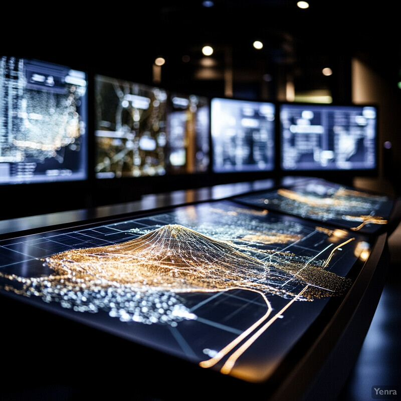 A dark room filled with multiple screens displaying various data visualizations.