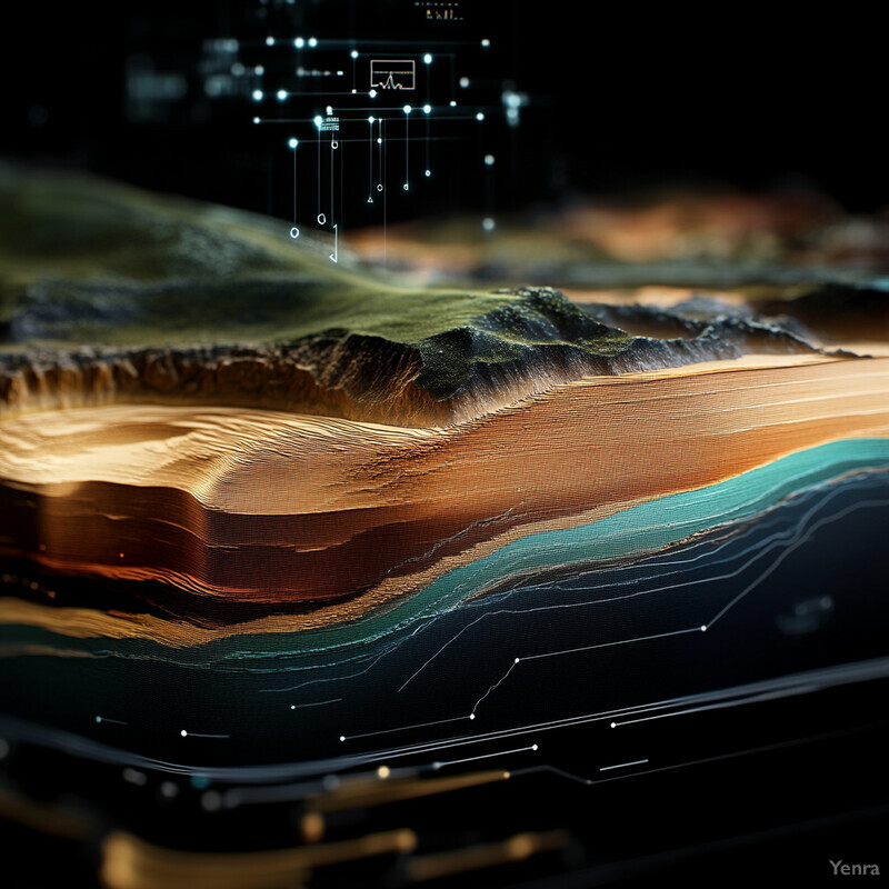 A 3D landscape with layered terrain, featuring rolling hills, valleys, and peaks in earthy tones.