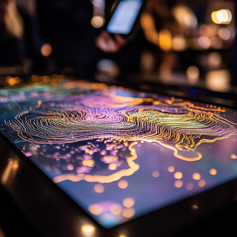 A large screen displays a 3D map of a volcano, with several people gathered around it.