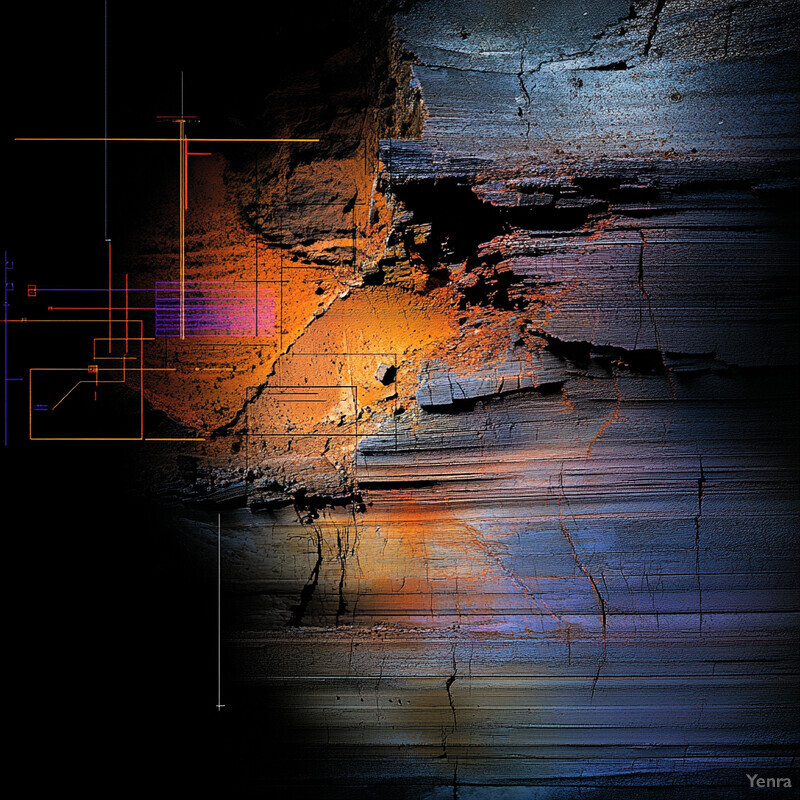 The image features a striking contrast between an orange-colored rocky surface and a darker blue-gray area, possibly representing water or another material.