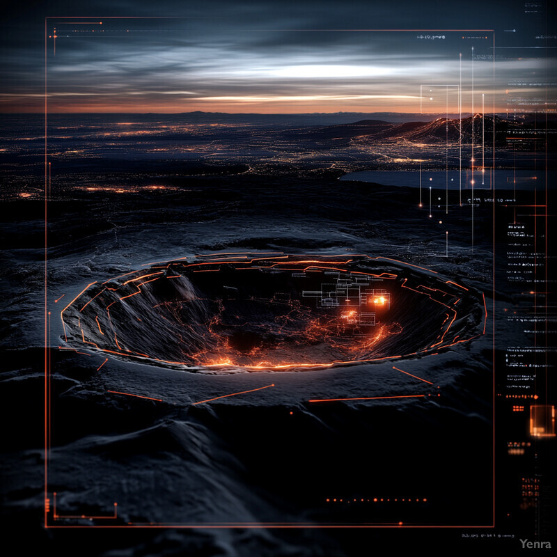 A futuristic crater-like structure surrounded by orange lights in a dark and cloudy sky.