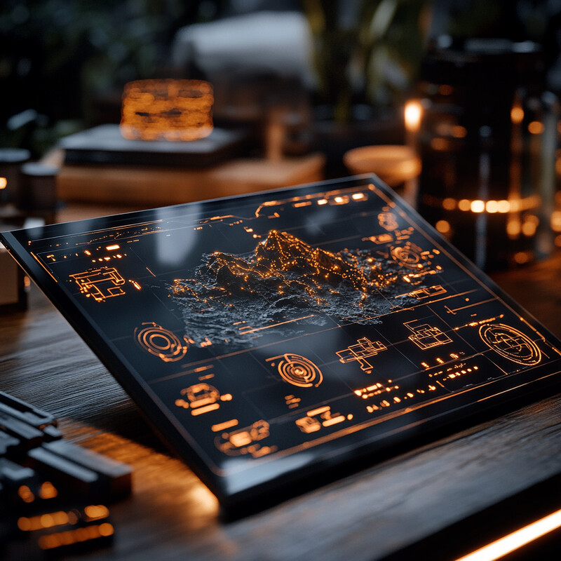 A futuristic-looking device with a black and gold color scheme is placed on a wooden table in a cozy living room setting.