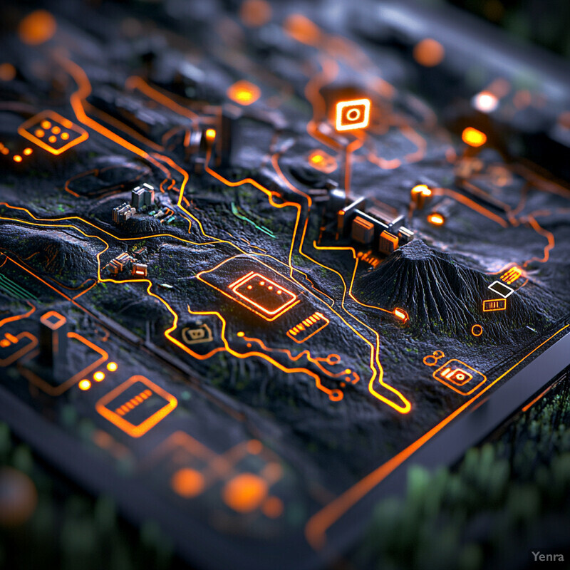 A futuristic and high-tech representation of a landscape with black and orange hues.