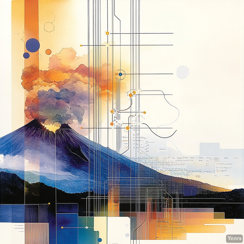 A colorful illustration of a volcano erupting with abstract shapes and lines overlaid on top.