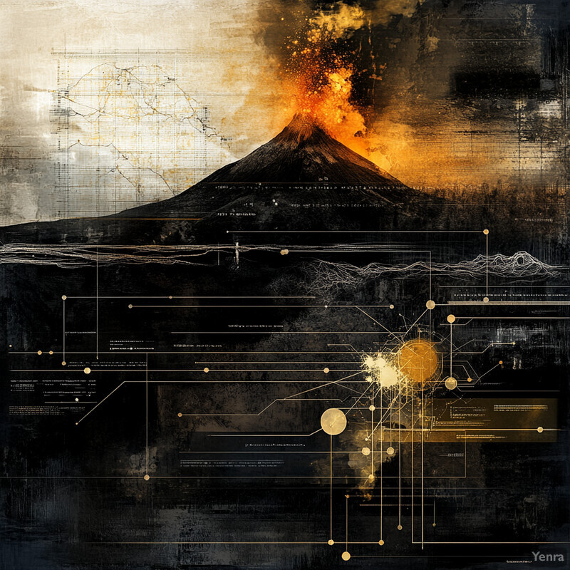 A volcano erupts in the background with a world map overlaid on top.