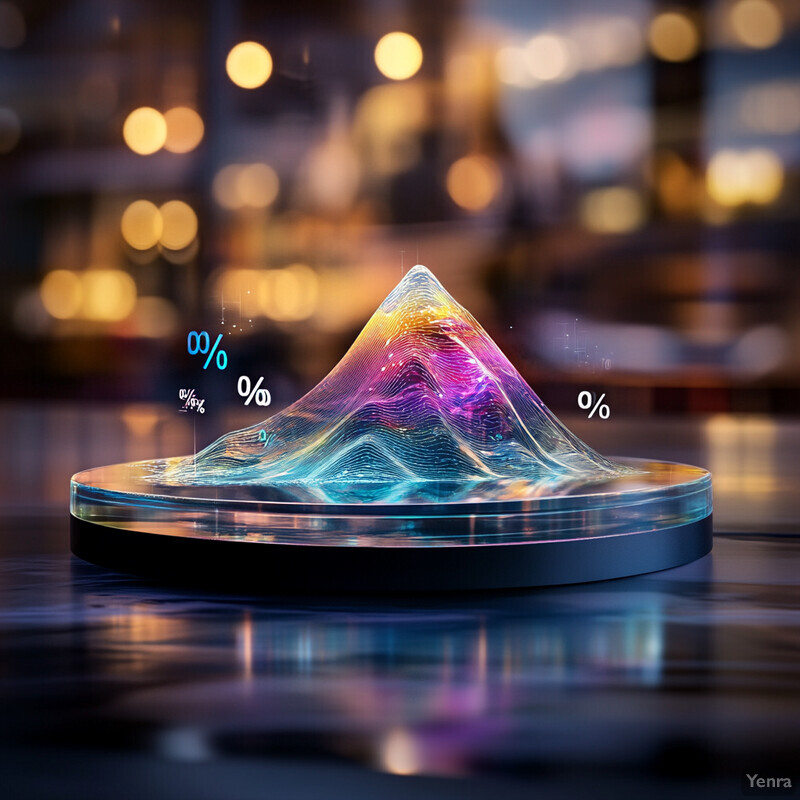 A futuristic, high-tech image featuring a holographic mountain peak with wavy lines and curves, set against an urban backdrop.