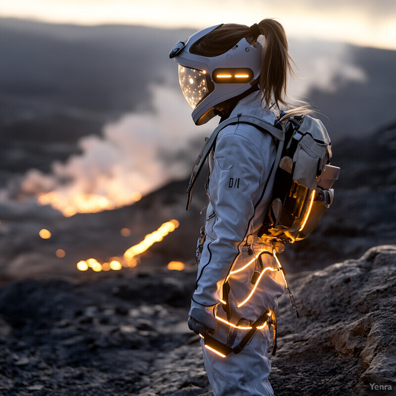 A woman dressed in a futuristic spacesuit stands confidently on a rocky terrain with a volcano erupting in the background.