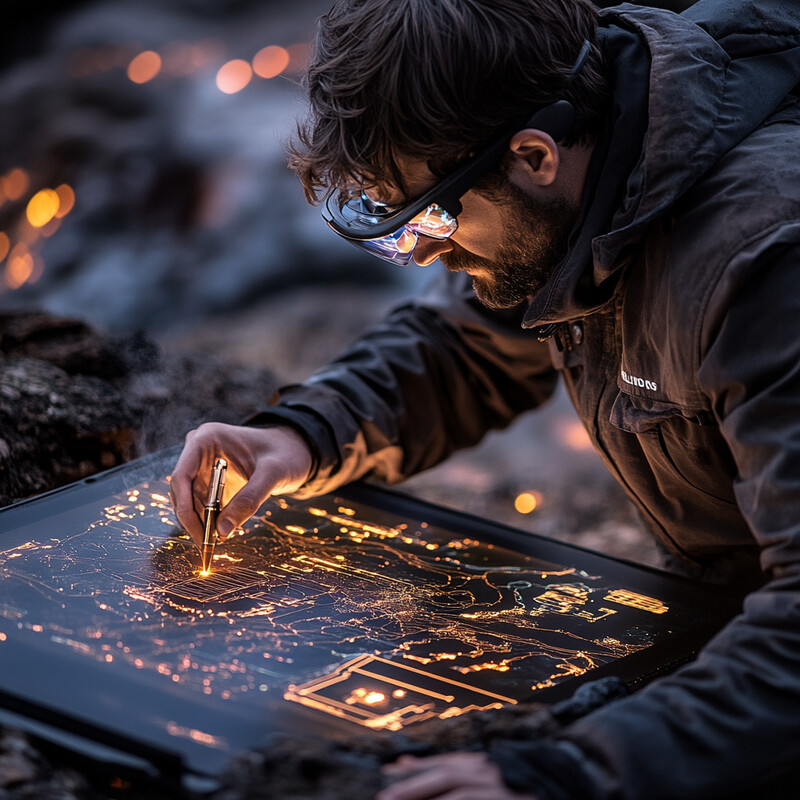 A man is focused on a tablet in an outdoor setting, possibly for field research or data collection.