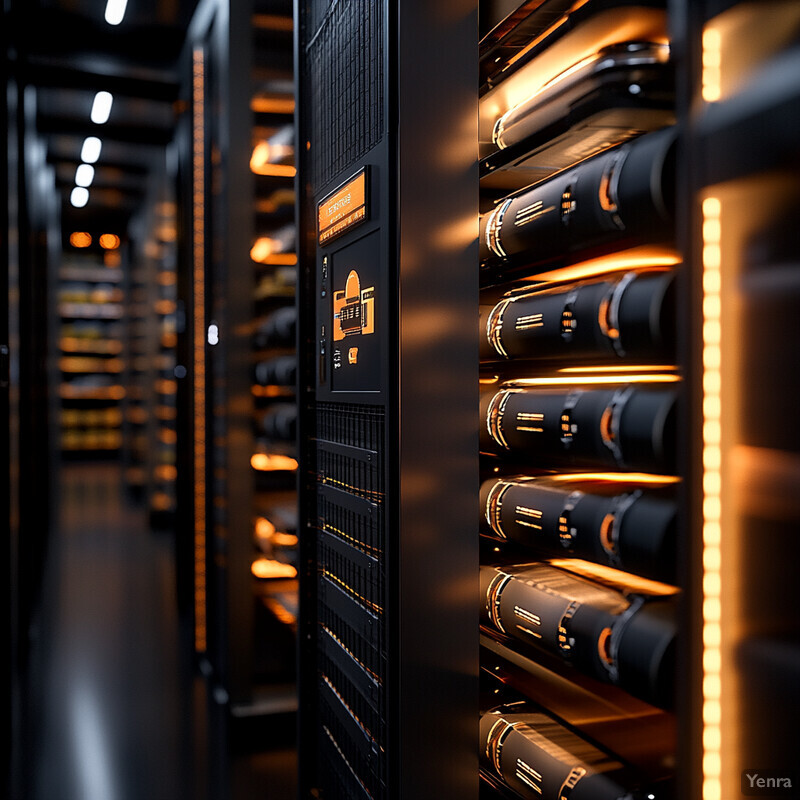 Rows of servers in a server room, some with orange lights illuminating their front panels.