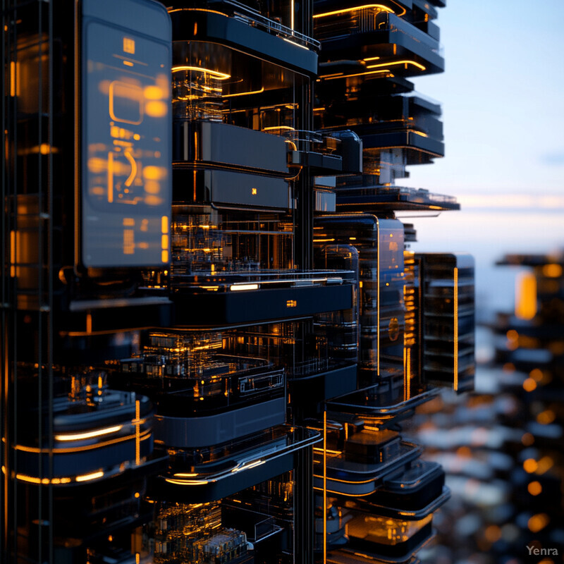 A futuristic cityscape with towering skyscrapers and modern architecture.