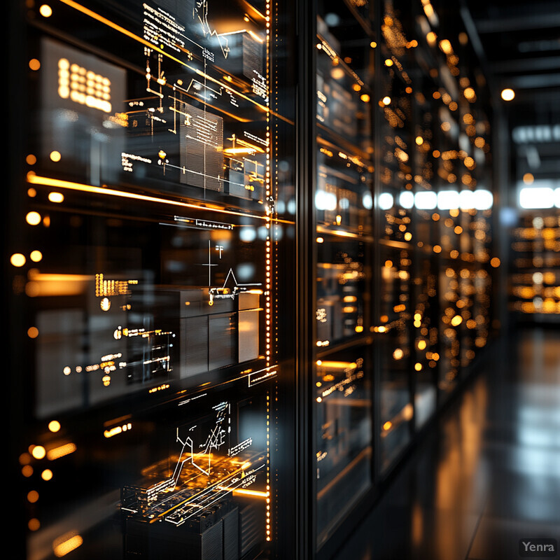 A futuristic server room with rows of modern servers and polished concrete floor.