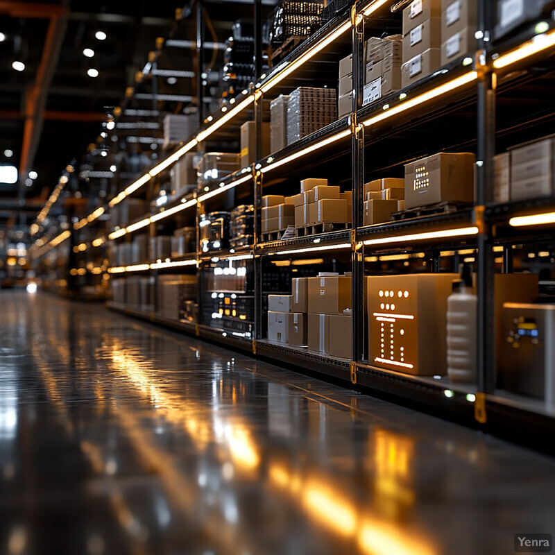 A warehouse aisle with shelves stocked with cardboard boxes and LED lighting.