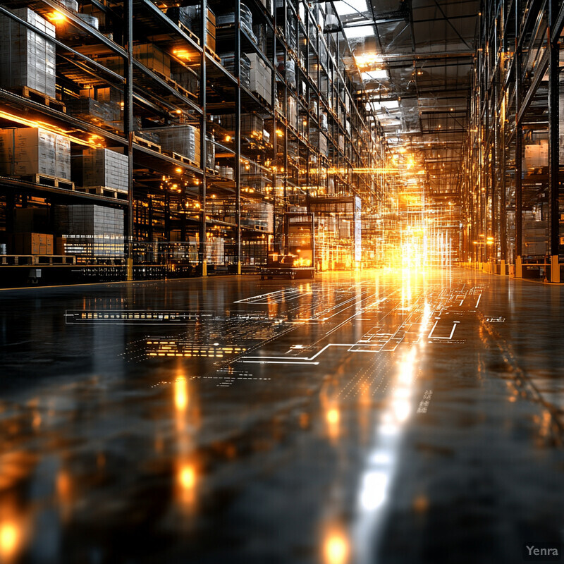 An industrial warehouse with rows of shelving units and pallet racks stacked high with boxes and crates.