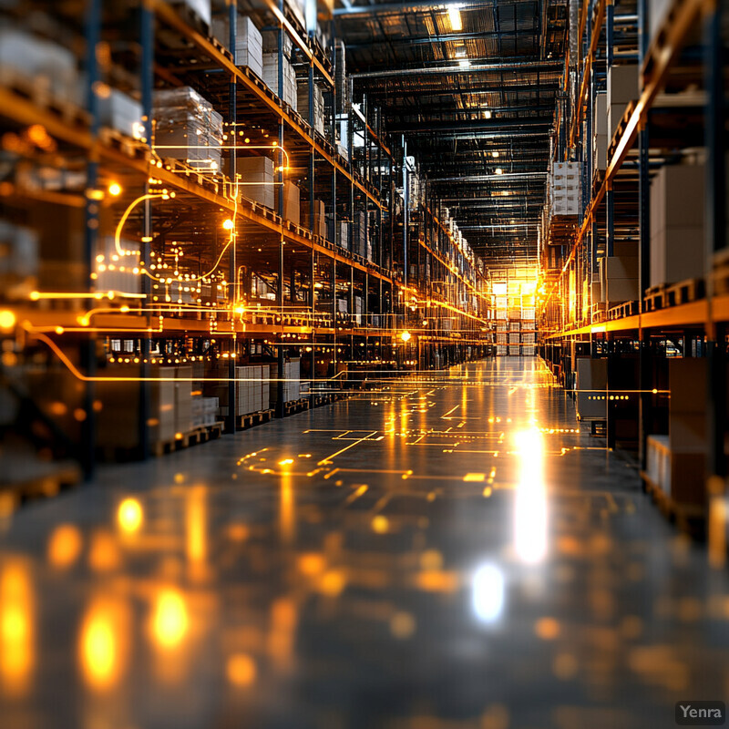 An industrial warehouse with rows of shelving units stacked high with boxes and crates.