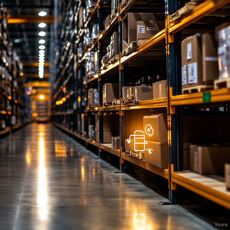 An automated warehouse with rows of shelves stocked with cardboard boxes.