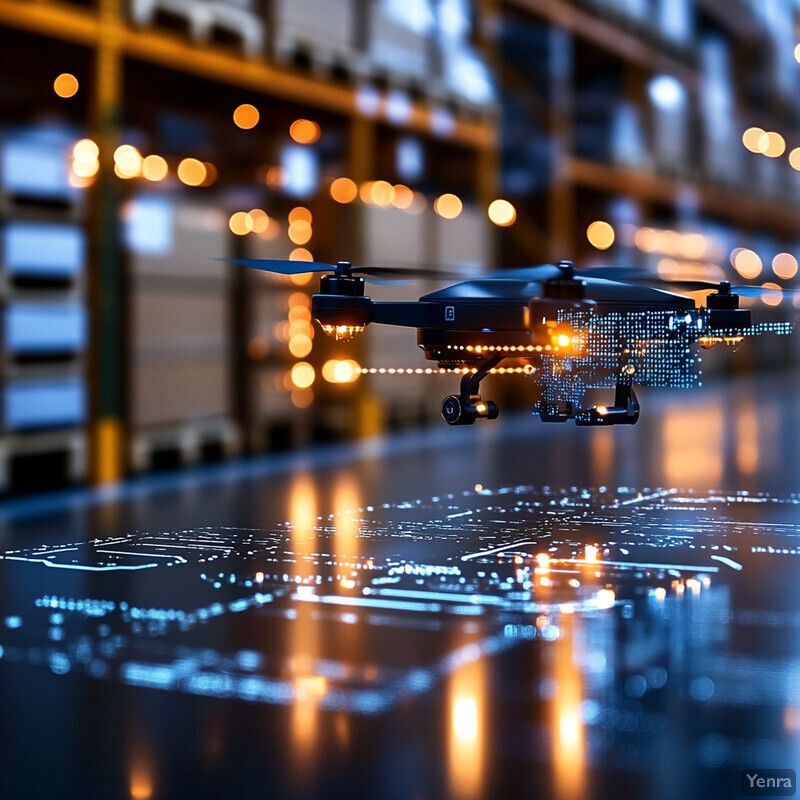 A drone flies over a warehouse aisle, surrounded by shelves and a large screen displaying graphs.