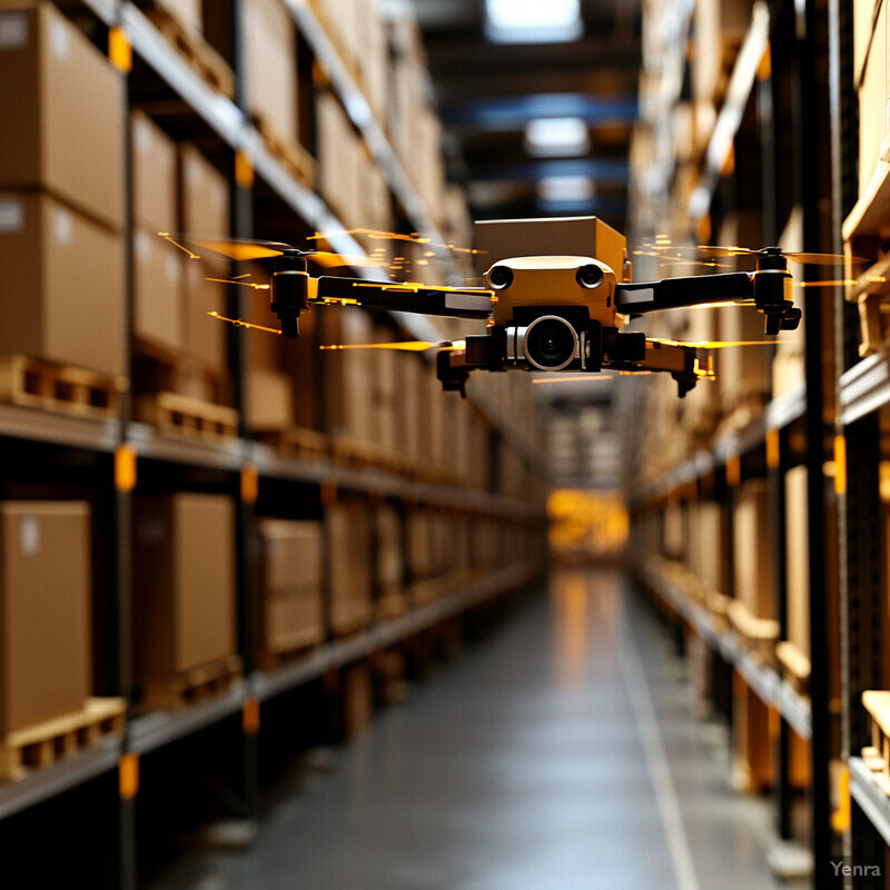 A drone captures footage of a warehouse aisle stocked with cardboard boxes.