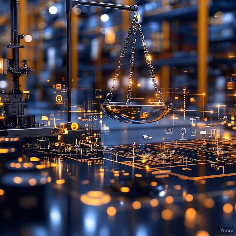 An industrial scene featuring a metal tank, pipes, shelves, and machinery, with an emphasis on cost-benefit analysis of storage arrangements.