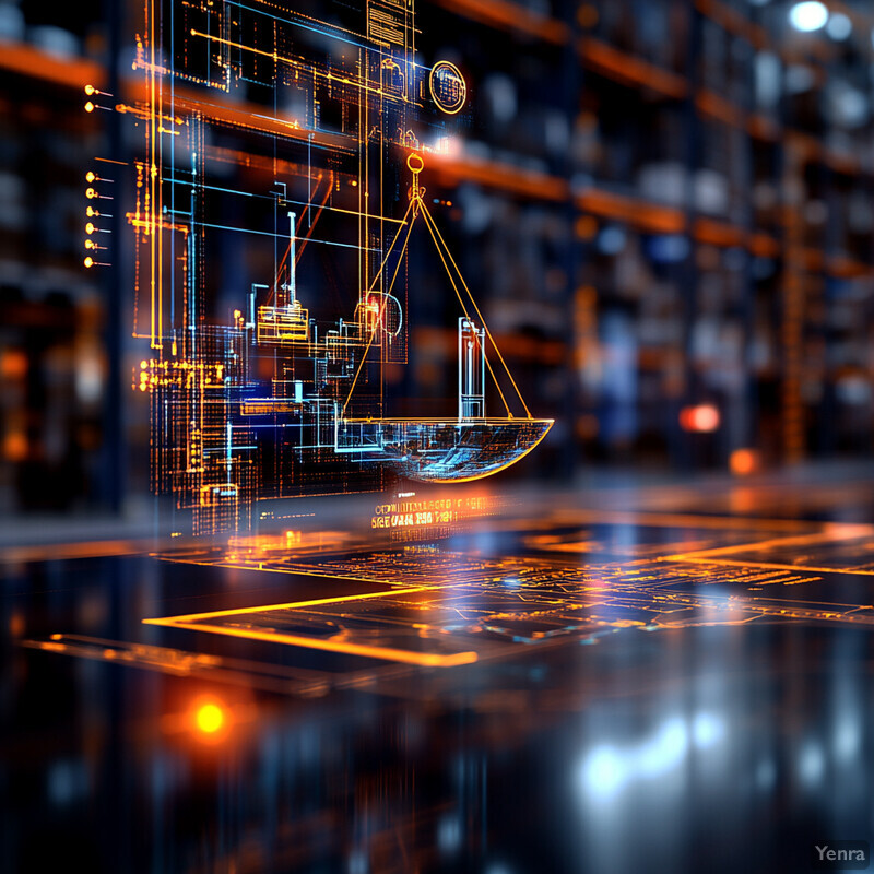 A futuristic representation of a warehouse or storage facility, emphasizing continuous cost-benefit analysis through an abstract line graph.