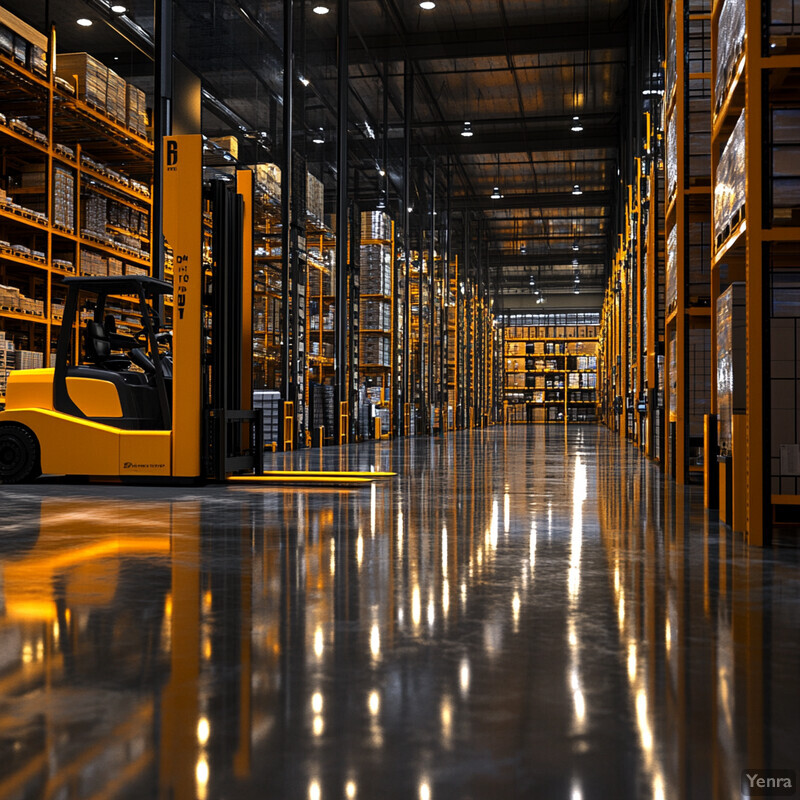 A warehouse with rows of shelves stocked with boxes and bins, featuring forklifts and pallets in use.