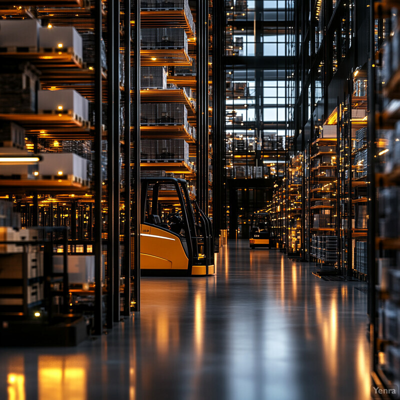 A warehouse or storage facility with rows of shelving units and forklifts.