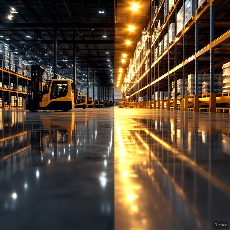 A warehouse with rows of shelves stocked with boxes and pallets, accompanied by forklifts parked along the sides.