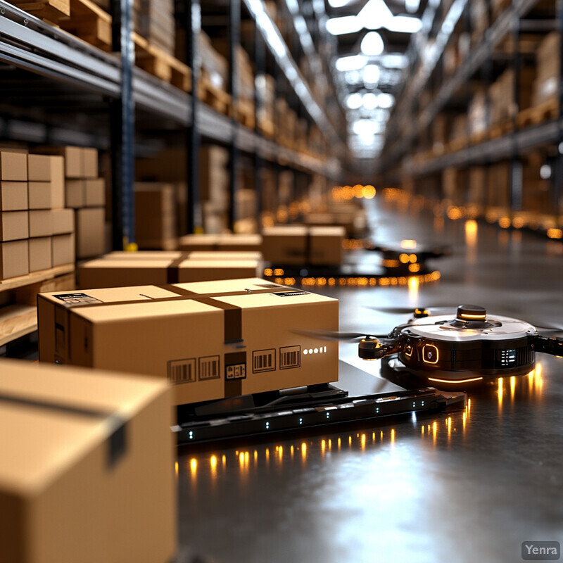 A warehouse or storage facility filled with rows of shelves stocked with cardboard boxes.